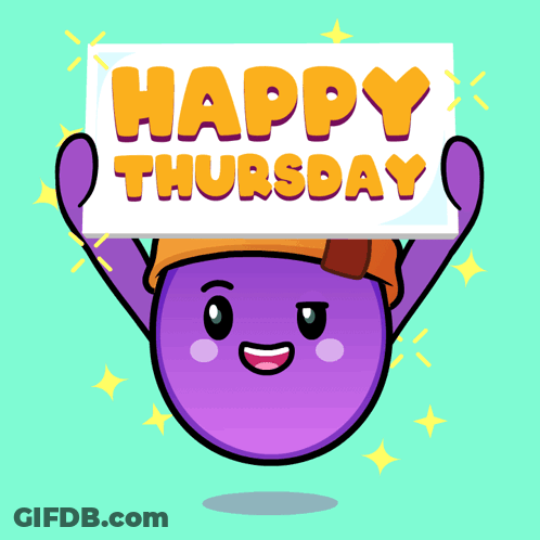 A Purple Cartoon Character Holding A Sign That Says Happy Thursday GIF