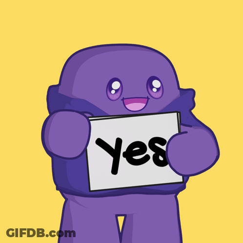 A Purple Cartoon Character Holds Up A Sign That Says Yes GIF