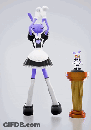 A Purple Cartoon Character In A Maid Outfit Jumps In The Air GIF