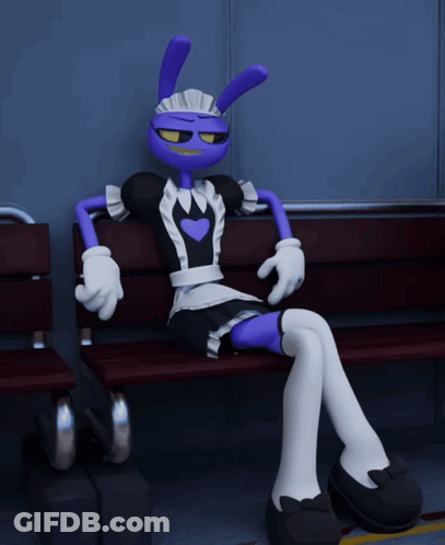A Purple Cartoon Character In A Maid Outfit Sits On A Bench GIF