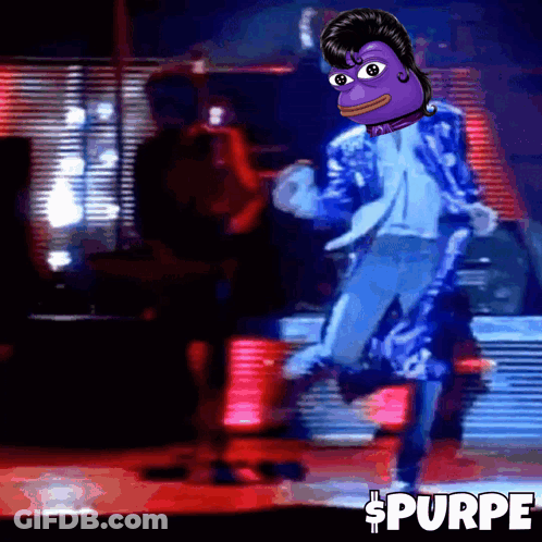 A Purple Cartoon Character Is Dancing On A Stage With The Word Purpe In The Lower Right Corner GIF
