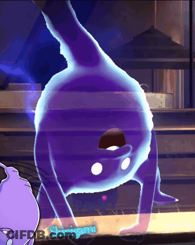 A Purple Cartoon Character Is Doing A Handstand And The Word Shinigami Is On The Bottom Right GIF