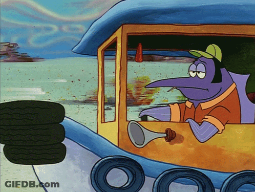 A Purple Cartoon Character Is Driving A Car With A Trumpet GIF