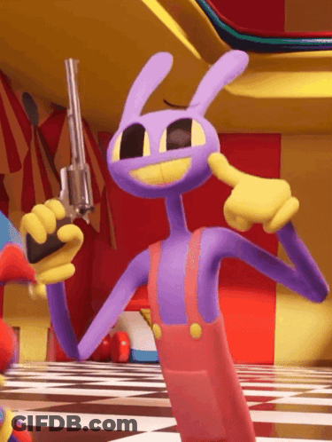 A Purple Cartoon Character Is Holding A Gun In His Hand GIF