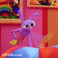 A Purple Cartoon Character Is Holding A Sign That Says ' $ 12 ' On It GIF