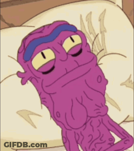 A Purple Cartoon Character Is Laying On A Pillow With The Letter G Below Him GIF