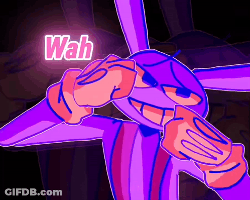 A Purple Cartoon Character Is Making A Funny Face And The Word Wah Is Lit Up In The Background GIF
