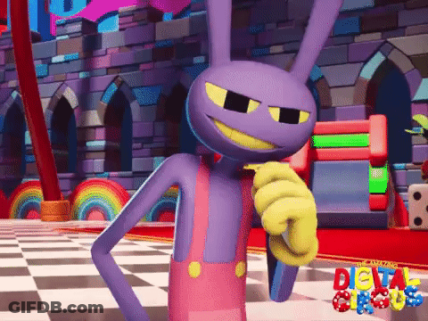 A Purple Cartoon Character Is Pointing At The Camera In Front Of A Sign That Says Delta Studios GIF