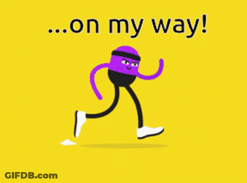 A Purple Cartoon Character Is Running On A Yellow Background With The Words On My Way Below Him GIF