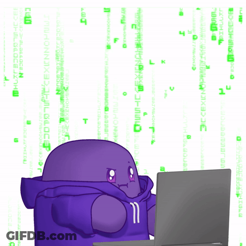 A Purple Cartoon Character Is Sitting In Front Of A Laptop With The Word Hackerman Written On The Screen GIF