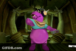 A Purple Cartoon Character Is Standing In A Dark Room GIF