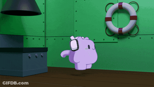 A Purple Cartoon Character Is Standing In A Room With A Life Preserver On The Wall GIF