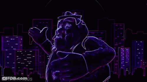 Purple Cartoon Character In Front Of Cityscape GIF