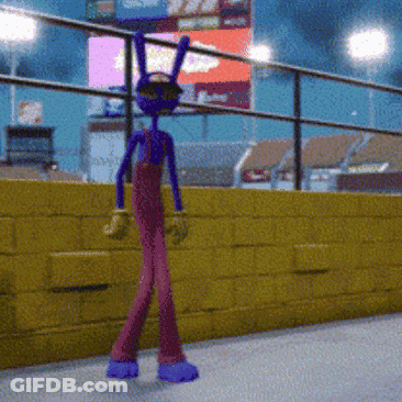 A Purple Cartoon Character Is Standing In Front Of A Fence GIF