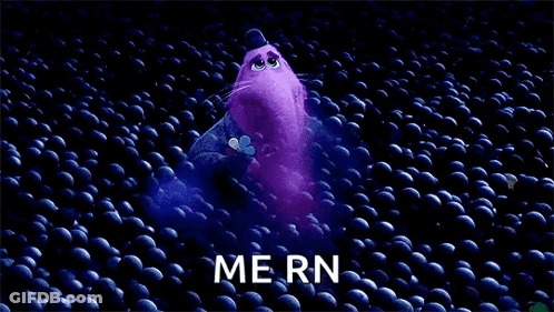 A Purple Cartoon Character Is Surrounded By Blue Balls And The Word Mern Is Visible . GIF