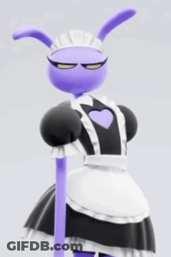 A Purple Cartoon Character Is Wearing A Maid Dress And Apron . GIF