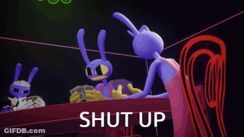 A Purple Cartoon Character Says Shut Up In Front Of Two Other Cartoon Characters GIF
