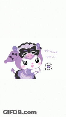 A Purple Cartoon Character Says Thank You With A Heart In A Speech Bubble GIF