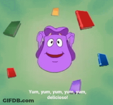 A Purple Cartoon Character Says Yum Yum Yum Yum Yum Yum Delicioso GIF