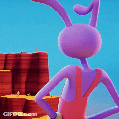 A Purple Cartoon Character Standing In Front Of A Desert Landscape GIF