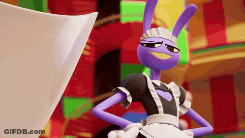 A Purple Cartoon Character Wearing A Maid Outfit Stands With Her Hands On Her Hips GIF