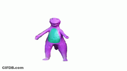 A Purple Cartoon Character With A Blue Heart On Its Back GIF