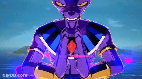 A Purple Cartoon Character With A Diamond In His Chest Is Standing In Front Of A Body Of Water GIF