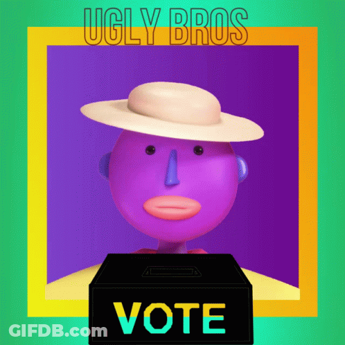 A Purple Cartoon Character With A Hat Behind A Vote Box GIF