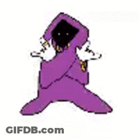 A Purple Cartoon Character With A Hood And A Necklace Is Holding A Tray Of Clouds . GIF