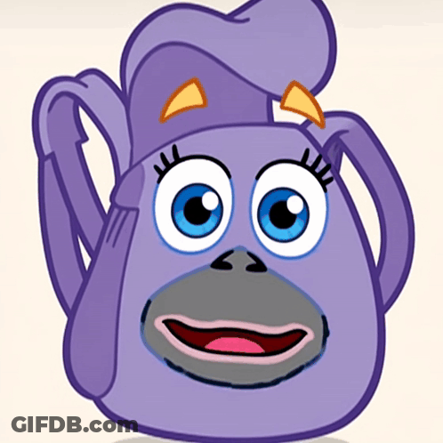 A Purple Cartoon Character With A Monkey Face On It GIF