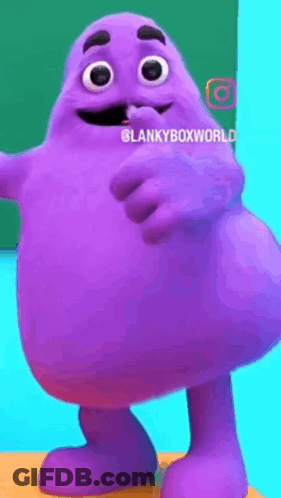A Purple Cartoon Character With A Mustache Is Standing On A Table . GIF