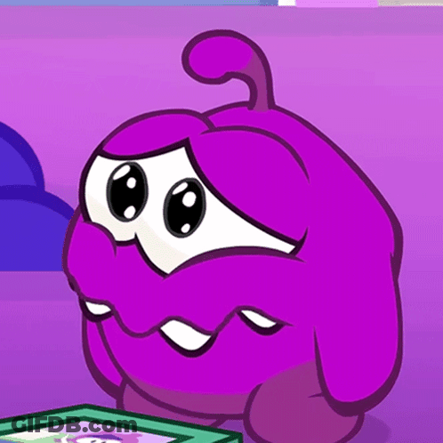 A Purple Cartoon Character With Big Eyes And A Purple Background GIF