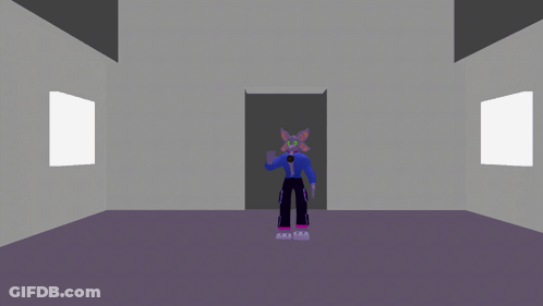 A Purple Cartoon Character With Green Eyes And A Blue Shirt GIF