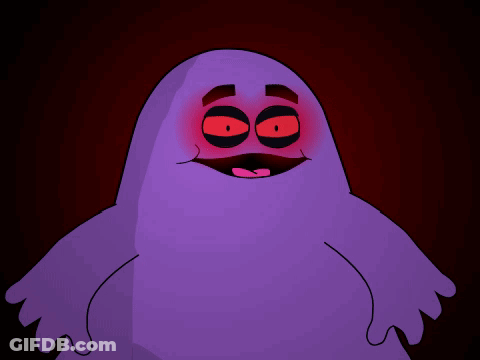 A Purple Cartoon Character With Red Eyes And A Sad Face GIF