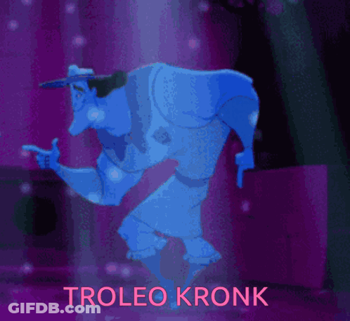 A Purple Cartoon Character With The Name Troleo Kronk Written On It GIF