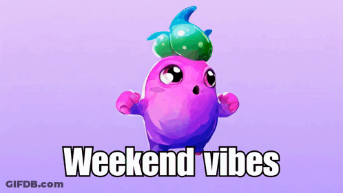 A Purple Cartoon Character With The Words Weekend Vibes Written Below It GIF