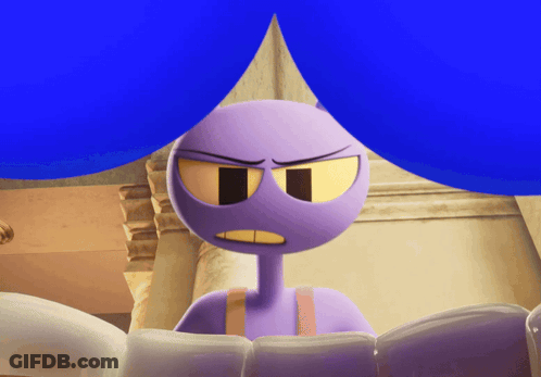 A Purple Cartoon Character With Yellow Eyes And A Blue Background GIF