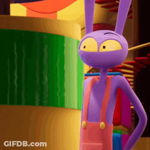 A Purple Cartoon Character With Yellow Eyes And Overalls GIF
