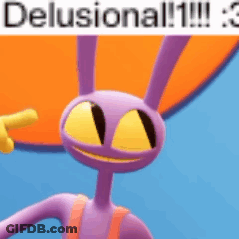 A Purple Cartoon Character With Yellow Eyes Is Pointing At Something GIF