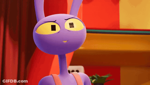 A Purple Cartoon Character With Yellow Eyes Is Standing In Front Of A Red Curtain . GIF