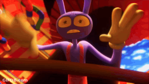 A Purple Cartoon Character With Yellow Eyes Is Standing On A Wooden Railing GIF