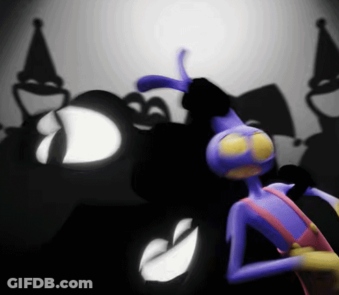 A Purple Cartoon Character With Yellow Eyes Stands In Front Of A Shadow Of A Clown GIF