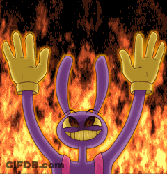 A Purple Cartoon Character With Yellow Gloves Is Surrounded By Fire GIF