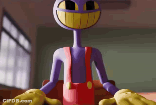 A Purple Cartoon Character With Yellow Teeth And Red Pants GIF