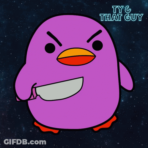 A Purple Cartoon Face With A Knife In Its Mouth And The Words Ty & That Guy Above It GIF