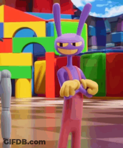 A Purple Cartoon Rabbit Is Standing In Front Of A Playground Filled With Colorful Toys . GIF
