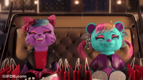 A Purple Cat And A Blue Bear Are Sitting Next To Each Other GIF