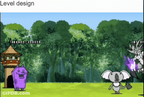A Purple Cat And A Koala Are In A Video Game With The Words Level Design Above Them GIF