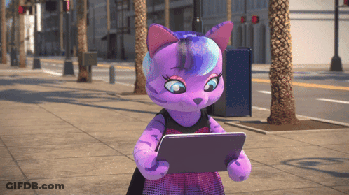 A Purple Cat Is Holding A Tablet In Her Hands GIF