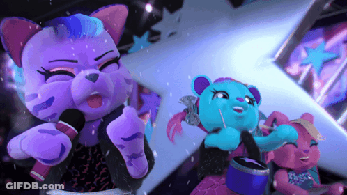 A Purple Cat Is Singing Into A Microphone While A Blue Bear Is Holding A Drum GIF